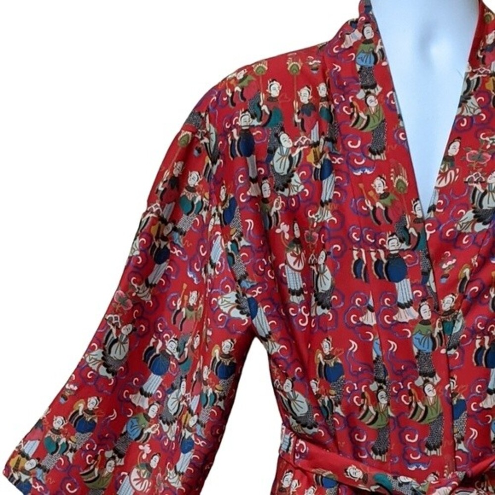 Josie Natori red novelty print belted kimono robe house coat, night wear size S - Picture 2 of 10